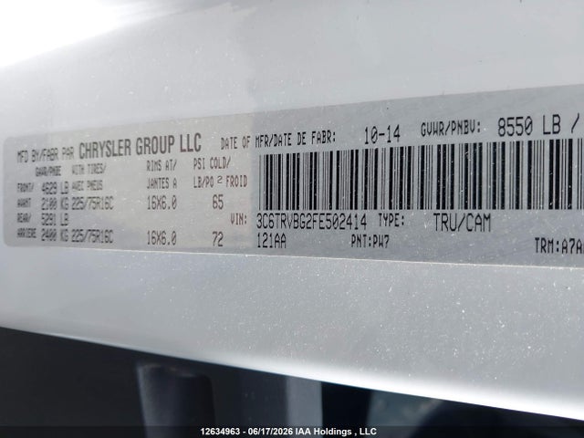 12634963 :رقم المزاد ، 3C6TRVBG2FE502414 vin ، 2015 Ram Promaster 1500 مزاد بيع