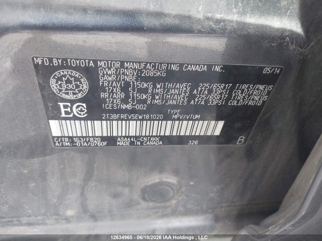 2014 Toyota Rav4 Le მანქანა იყიდება აუქციონზე, vin: 2T3BFREV5EW181020, აუქციონის ნომერი: 12634965