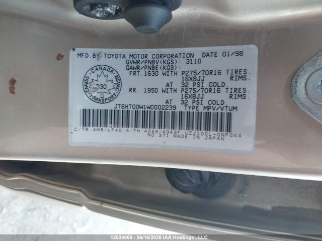 Aukcja sprzedaży 1998 Lexus Lx 470, vin: JT6HT00W1W0002239, numer aukcji: 12634969