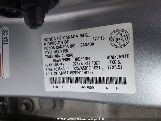 12623003 :رقم المزاد ، 2HKRM4H52EH114000 vin ، 2014 Honda Cr-v Ex مزاد بيع