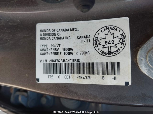 2012 Honda Civic Lx მანქანა იყიდება აუქციონზე, vin: 2HGFB2E48CH015388, აუქციონის ნომერი: 12623282