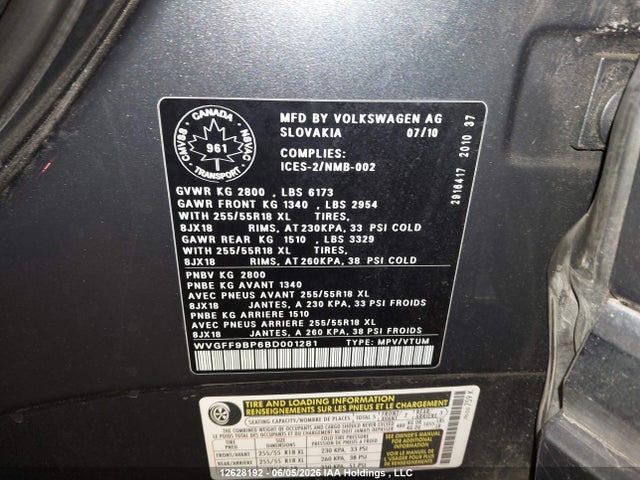 Продажа на аукционе авто 2011 Volkswagen Touareg 3.6l Comfortline/3.6l Execline/3.6l Highline, vin: WVGFF9BP6BD001281, номер лота: 12628192