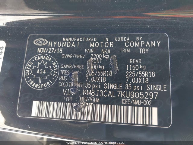 Продаж на аукціоні авто 2019 Hyundai Tucson Limited/sel/sport/ultimate/value/night, vin: KM8J3CAL7KU905297, номер лоту: 12634977