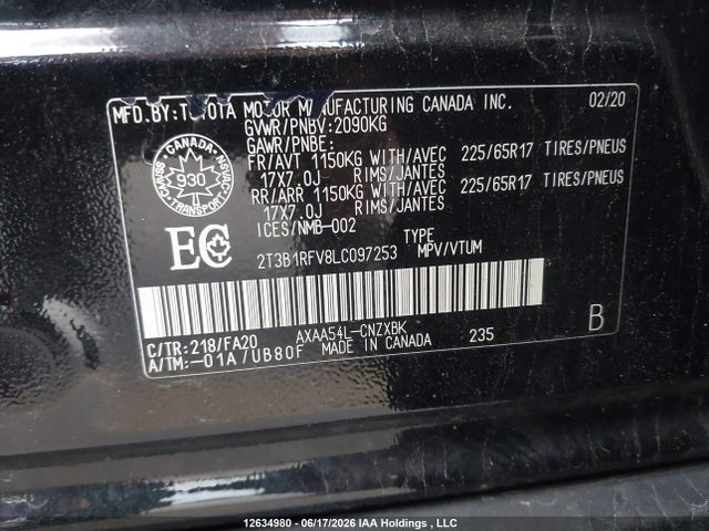 Aukcja sprzedaży 2020 Toyota Rav4 Le, vin: 2T3B1RFV8LC097253, numer aukcji: 12634980
