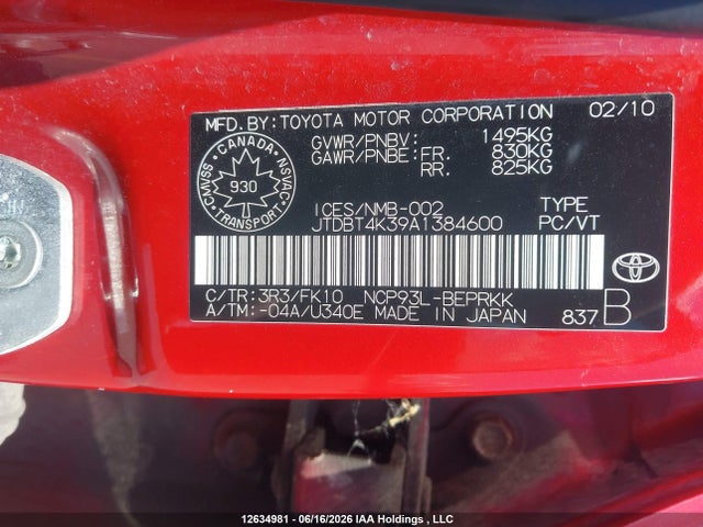 Aukcja sprzedaży 2010 Toyota Yaris, vin: JTDBT4K39A1384600, numer aukcji: 12634981