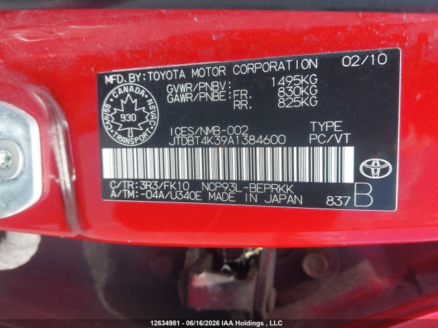 Aukcja sprzedaży 2010 Toyota Yaris, vin: JTDBT4K39A1384600, numer aukcji: 12634981