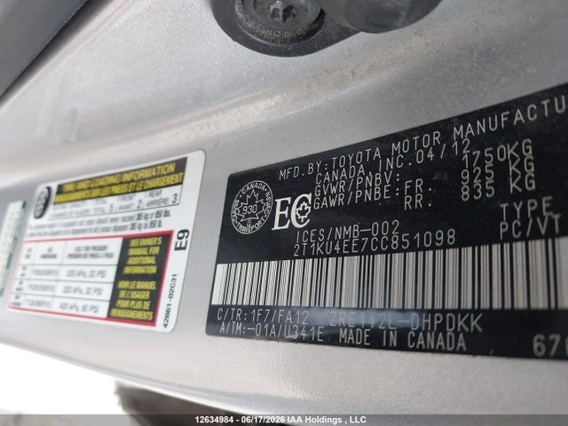 12634984 :رقم المزاد ، 2T1KU4EE7CC851098 vin ، 2012 Toyota Corolla Matrix مزاد بيع