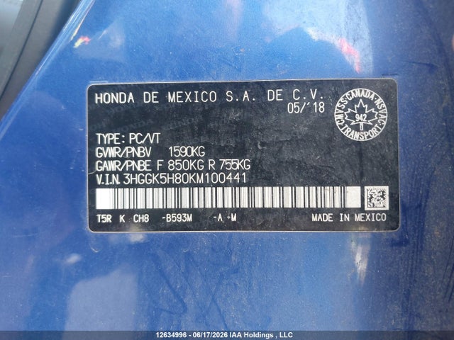 Продажа на аукционе авто 2019 Honda Fit Ex-l Navi, vin: 3HGGK5H80KM100441, номер лота: 12634996