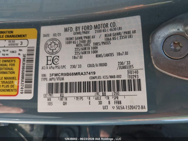 12635002 :رقم المزاد ، 3FMCR9B68MRA37419 vin ، 2021 Ford Bronco Sport Big Bend مزاد بيع