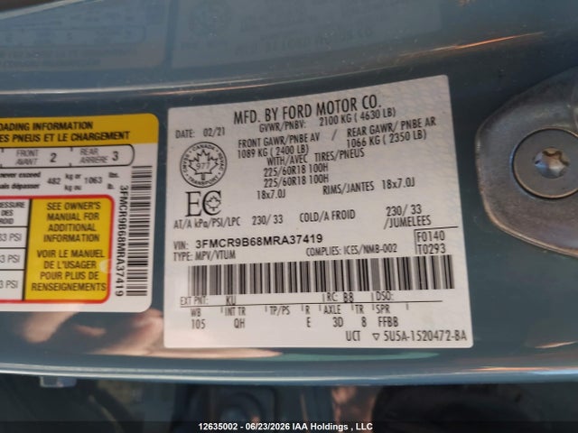 12635002 :رقم المزاد ، 3FMCR9B68MRA37419 vin ، 2021 Ford Bronco Sport Big Bend مزاد بيع