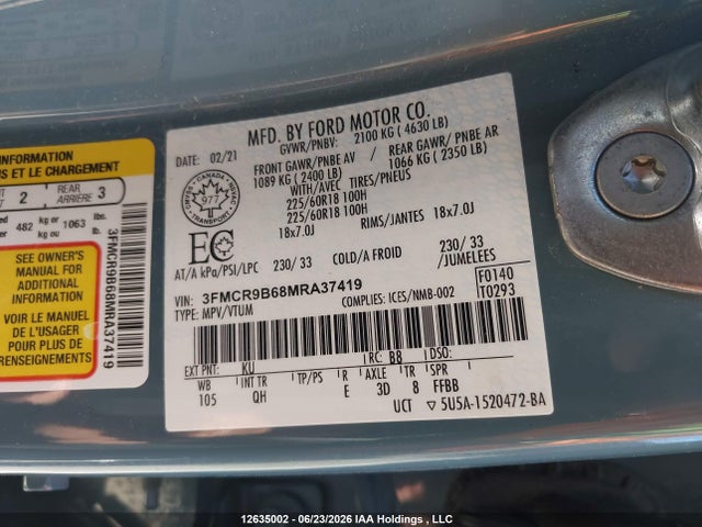 12635002 :رقم المزاد ، 3FMCR9B68MRA37419 vin ، 2021 Ford Bronco Sport Big Bend مزاد بيع