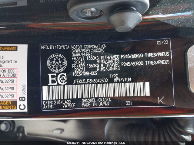 12635011 :رقم المزاد ، JTEKU5JR3N6042802 vin ، 2022 Toyota 4runner Limited مزاد بيع