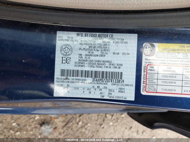 12635018 :رقم المزاد ، 3FAHP07Z07R133859 vin ، 2007 Ford Fusion Se مزاد بيع