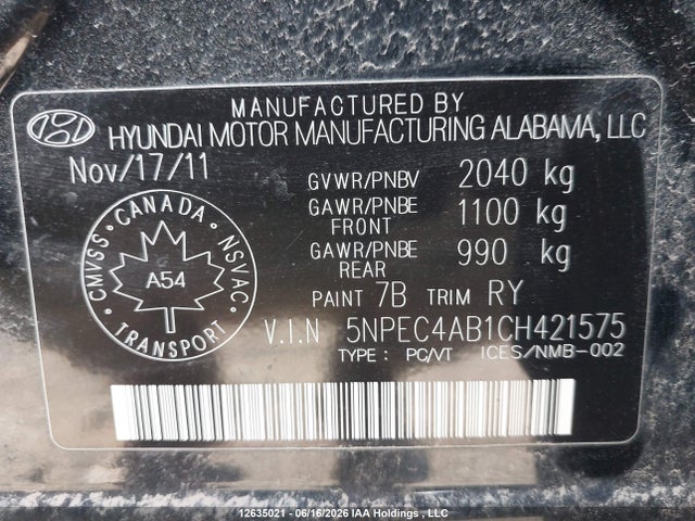 12635021 :رقم المزاد ، 5NPEC4AB1CH421575 vin ، 2012 Hyundai Sonata 2.0t Limited مزاد بيع