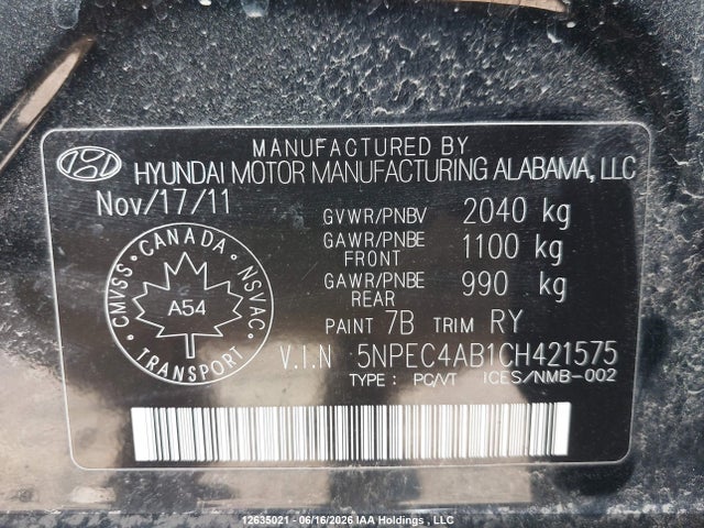 12635021 :رقم المزاد ، 5NPEC4AB1CH421575 vin ، 2012 Hyundai Sonata 2.0t Limited مزاد بيع