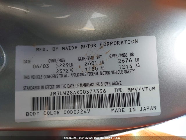 Aukcja sprzedaży 2003 Mazda Mpv Wagon, vin: JM3LW28AX30373336, numer aukcji: 12635024