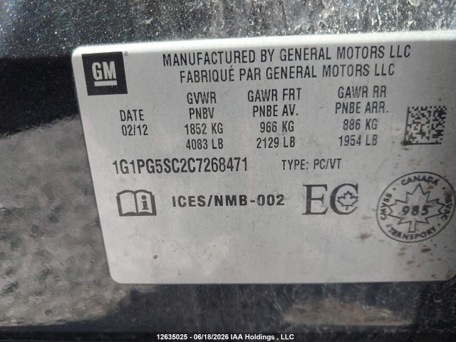 Продажа на аукционе авто 2012 Chevrolet Cruze Lt Turbo, vin: 1G1PG5SC2C7268471, номер лота: 12635025