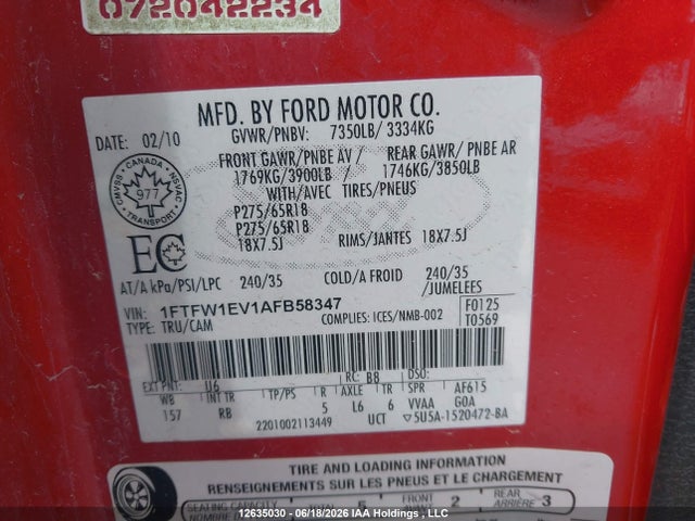 12635030 :رقم المزاد ، 1FTFW1EV1AFB58347 vin ، 2010 Ford F-150 Fx4/harley-davidson/lariat/xlt مزاد بيع
