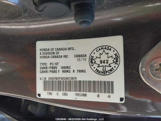 2012 Honda Civic Lx მანქანა იყიდება აუქციონზე, vin: 2HGFB2F42CH013974, აუქციონის ნომერი: 12635040