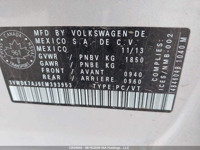 12635044 :رقم المزاد ، 3VWDK7AJ6EM393953 vin ، 2014 Volkswagen Jetta 2.0l Comfortline مزاد بيع