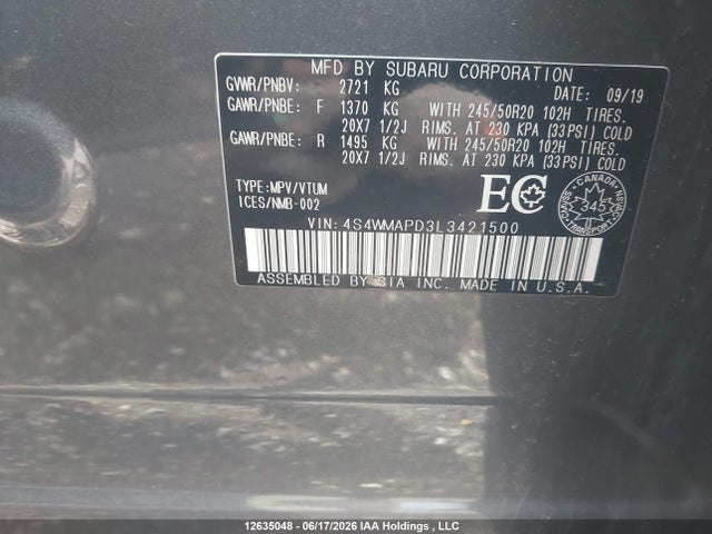 Aukcja sprzedaży 2020 Subaru Ascent Limited, vin: 4S4WMAPD3L3421500, numer aukcji: 12635048
