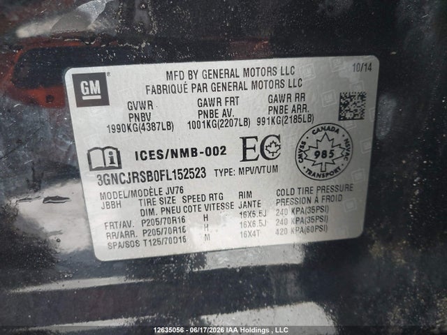 Продажа на аукционе авто 2015 Chevrolet Trax, vin: 3GNCJRSB0FL152523, номер лота: 12635056