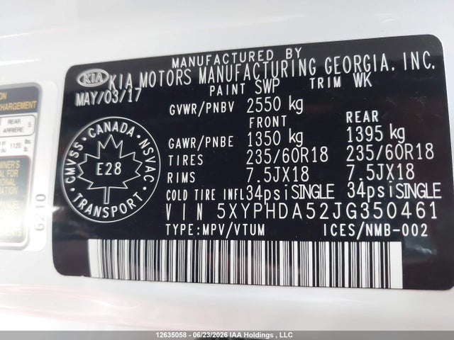 Aukcja sprzedaży 2018 Kia Sorento Ex, vin: 5XYPHDA52JG350461, numer aukcji: 12635058