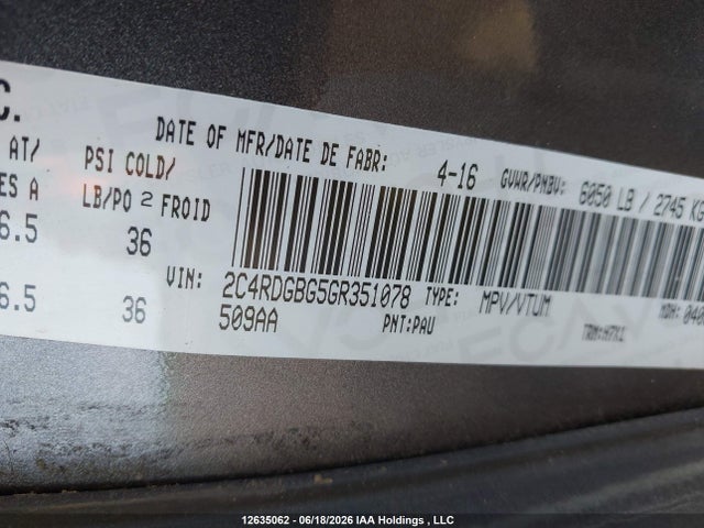 Aukcja sprzedaży 2016 Dodge Grand Caravan Se/sxt, vin: 2C4RDGBG5GR351078, numer aukcji: 12635062