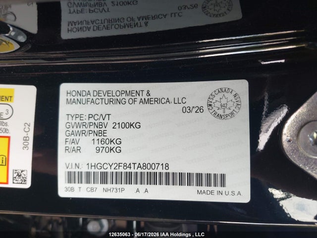 12635063 :رقم المزاد ، 1HGCY2F84TA800718 vin ، 2026 Honda Accord Touring Hybrid مزاد بيع