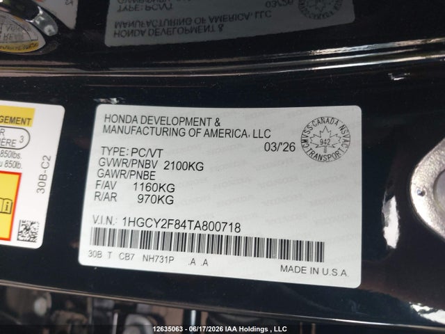 12635063 :رقم المزاد ، 1HGCY2F84TA800718 vin ، 2026 Honda Accord Touring Hybrid مزاد بيع