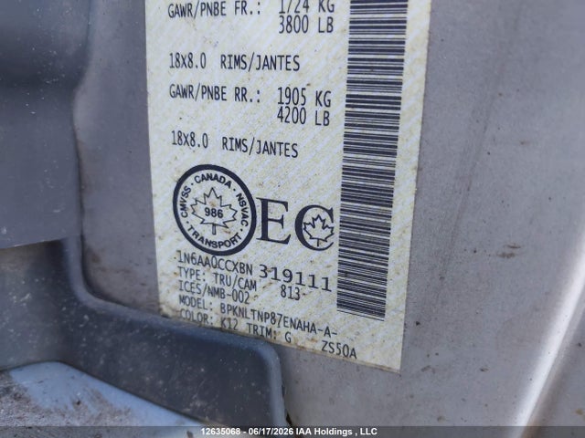 Aukcja sprzedaży 2011 Nissan Titan Sv, vin: 1N6AA0CCXBN319111, numer aukcji: 12635068