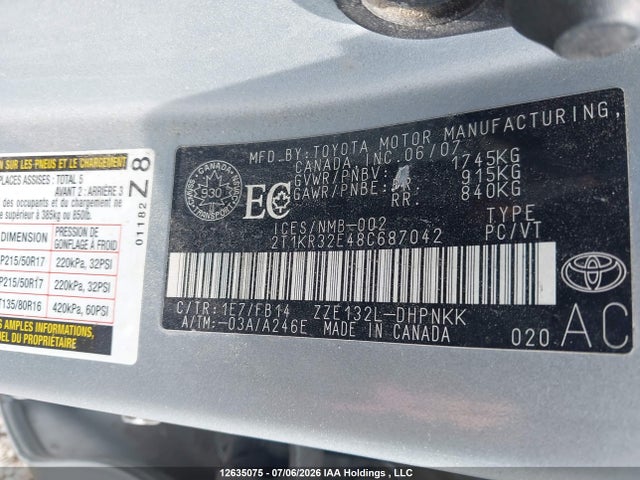 2008 Toyota Matrix Xr მანქანა იყიდება აუქციონზე, vin: 2T1KR32E48C687042, აუქციონის ნომერი: 12635075