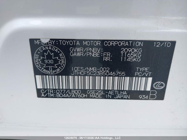 Aukcja sprzedaży 2011 Lexus Is 250, vin: JTHCF5C23B5046755, numer aukcji: 12635078