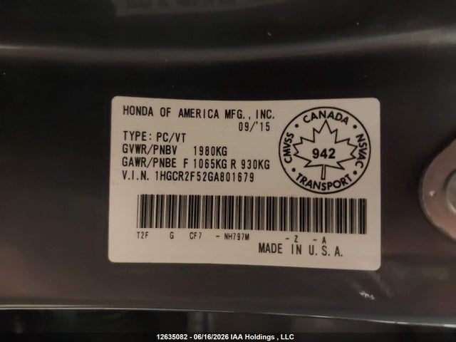 1HGCR2F52GA801679 Honda Accord Sport