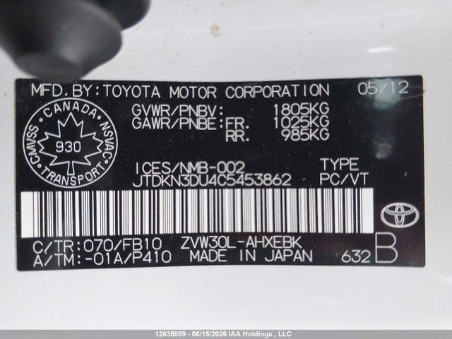 Aukcja sprzedaży 2012 Toyota Prius, vin: JTDKN3DU4C5453862, numer aukcji: 12635089