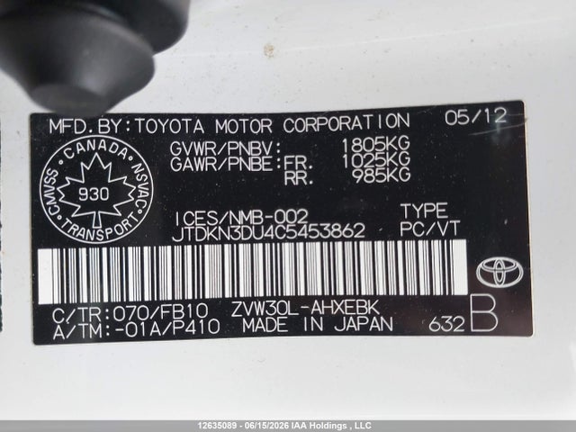 Aukcja sprzedaży 2012 Toyota Prius, vin: JTDKN3DU4C5453862, numer aukcji: 12635089