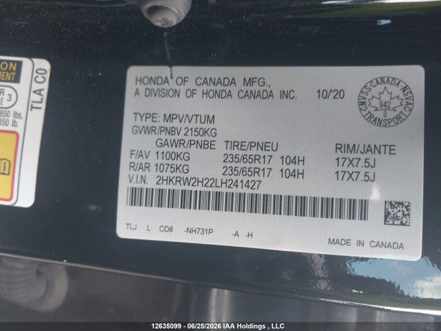 Продажа на аукционе авто 2020 Honda Cr-v Lx, vin: 2HKRW2H22LH241427, номер лота: 12635099