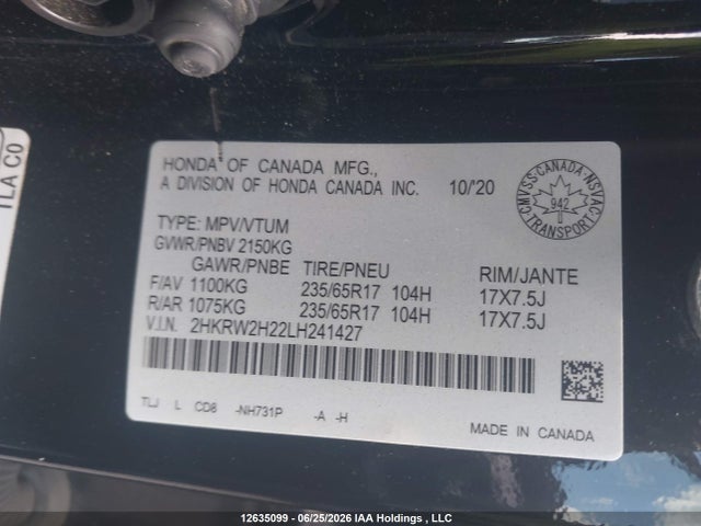 Продажа на аукционе авто 2020 Honda Cr-v Lx, vin: 2HKRW2H22LH241427, номер лота: 12635099