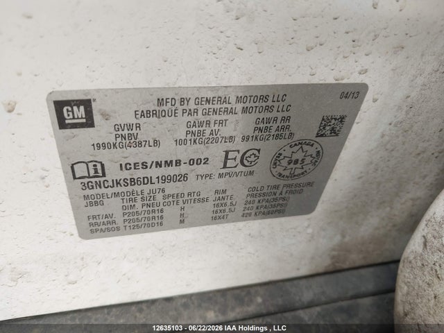 Aukcja sprzedaży 2013 Chevrolet Trax Ls, vin: 3GNCJKSB6DL199026, numer aukcji: 12635103