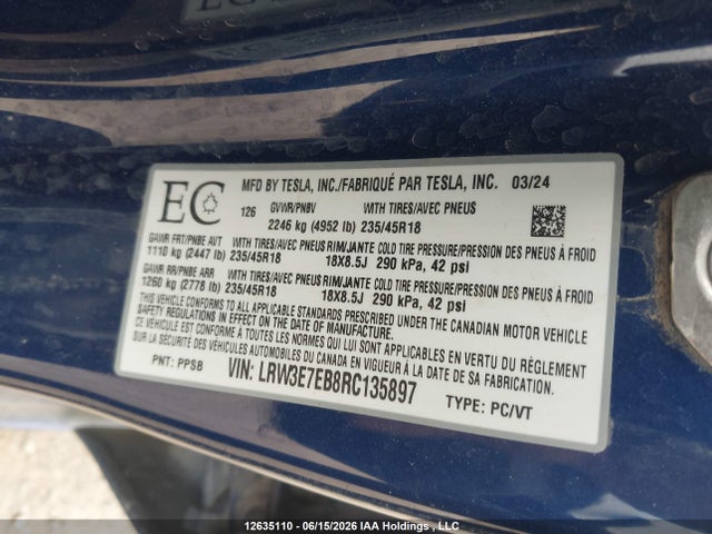 Tesla Model 3 Long Range 2024 LRW3E7EB8RC135897 Image 9