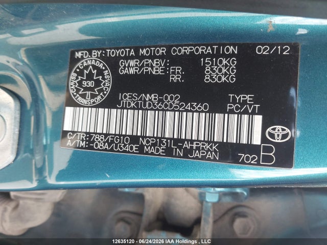 12635120 :رقم المزاد ، JTDKTUD36CD524360 vin ، 2012 Toyota Yaris Le مزاد بيع