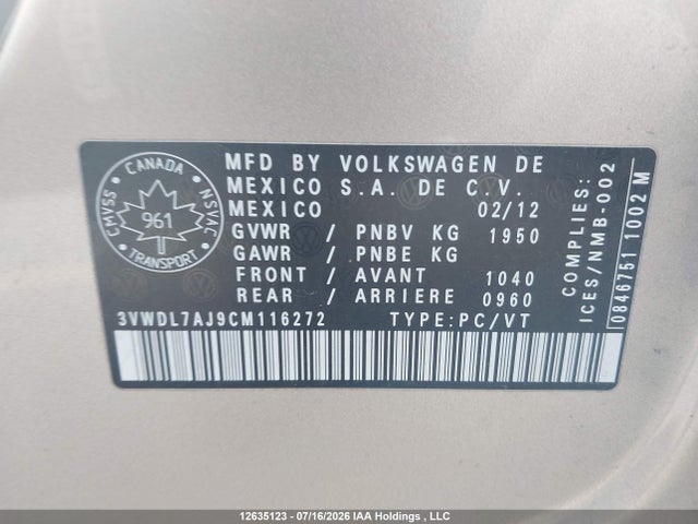 Продаж на аукціоні авто 2012 Volkswagen Jetta Tdi, vin: 3VWDL7AJ9CM116272, номер лоту: 12635123