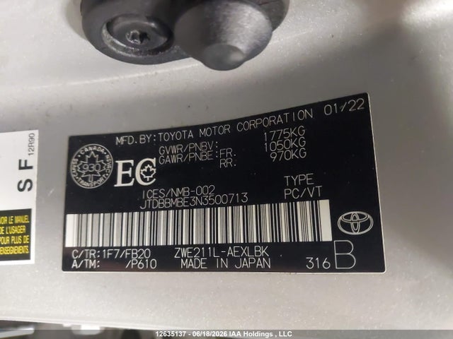 Aukcja sprzedaży 2022 Toyota Corolla Hybrid Base W/li Battery, vin: JTDBBMBE3N3500713, numer aukcji: 12635137