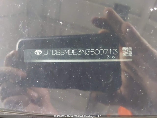 Aukcja sprzedaży 2022 Toyota Corolla Hybrid Base W/li Battery, vin: JTDBBMBE3N3500713, numer aukcji: 12635137