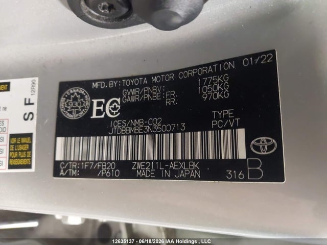 Aukcja sprzedaży 2022 Toyota Corolla Hybrid Base W/li Battery, vin: JTDBBMBE3N3500713, numer aukcji: 12635137