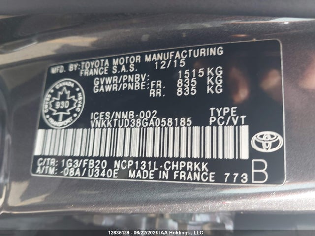 2016 Toyota Yaris Le მანქანა იყიდება აუქციონზე, vin: VNKKTUD38GA058185, აუქციონის ნომერი: 12635139