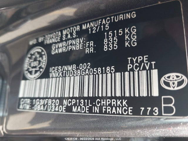 2016 Toyota Yaris Le მანქანა იყიდება აუქციონზე, vin: VNKKTUD38GA058185, აუქციონის ნომერი: 12635139