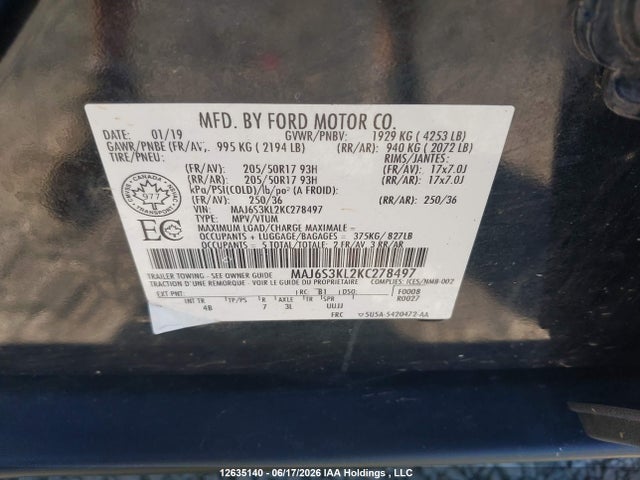 12635140 :رقم المزاد ، MAJ6S3KL2KC278497 vin ، 2019 Ford Ecosport Titanium مزاد بيع