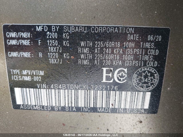 Subaru Outback Limited 2020 4S4BTDNCXL3232176 Image 9