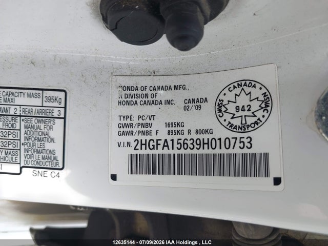Продажа на аукционе авто 2009 Honda Civic, vin: 2HGFA15639H010753, номер лота: 12635144